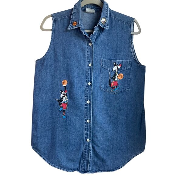 Vintage Sylvester The Cat Jean Denim Sleeveless Button Shirt Basketball Embroide - Picture 1 of 10